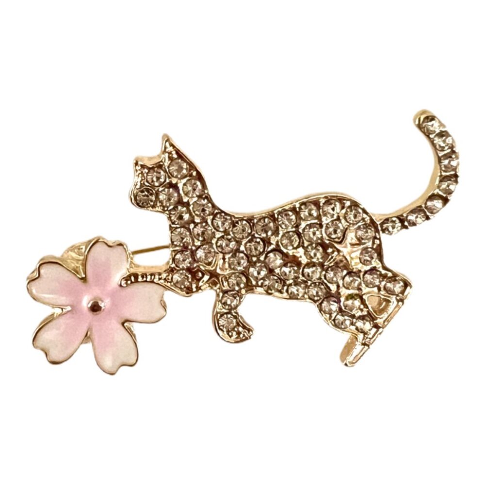 🧷🐈‍⬛🌸Gorgeous Rhinestone Cat Playing with Flower Brooch/Pin - WOW